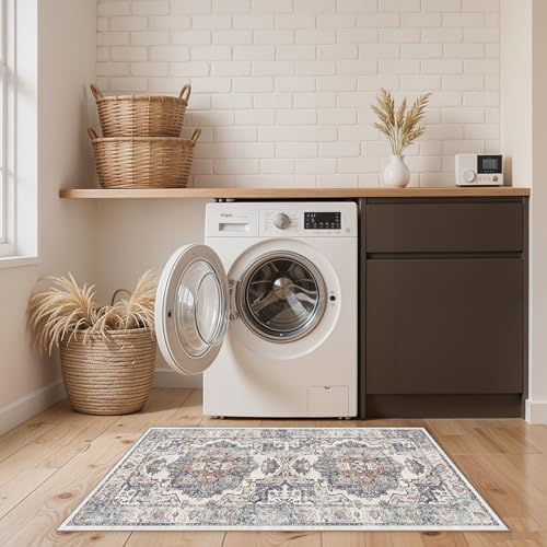 2x4 Washable Kitchen Runner Rug: Vintage Non-Slip Low Pile Entryway Area Rugs Thin Light Weight Carpet for Nursery