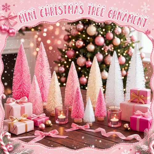 Vinsot 20 Pcs Bottle Brush Christmas Trees Miniature Tree, White,Pink