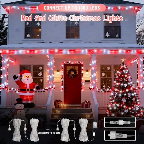 JMEXSUSS 2 Pack 100 LED Red and White Christmas Lights Outdoor, Each 33FT