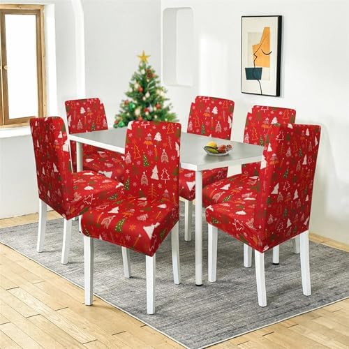 Red Christmas Chair Covers Set of 6,Winter Christmas Tree Snowflake Elk Chair Protectors,Elastic Removable Washable Dining Chair Covers for Winter Christmas Kitchen Dining Room Holiday Decor