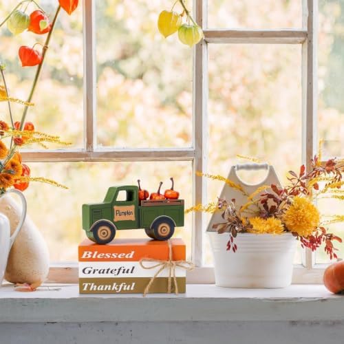 OLANRUN Fall Decor for Home, 9 Pcs Wooden Fall Table Decor with 3 Books, 3D Truck, 5 Pumpkins, Autumn Thanksgiving Decorations for Indoor Home Table Centerpieces Kitchen Tiered Tray Office Mantel