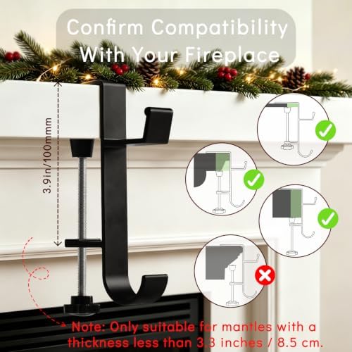 HMASYO 2-in-1 Christmas Garland & Stocking Holders for Mantle, Adjustable Low-Profile Fireplace Hangers with Dual Hooks, Metal Stocking Hooks for Garland, Fits 0.5”-3.4”Mantels (Black, Set of 8)