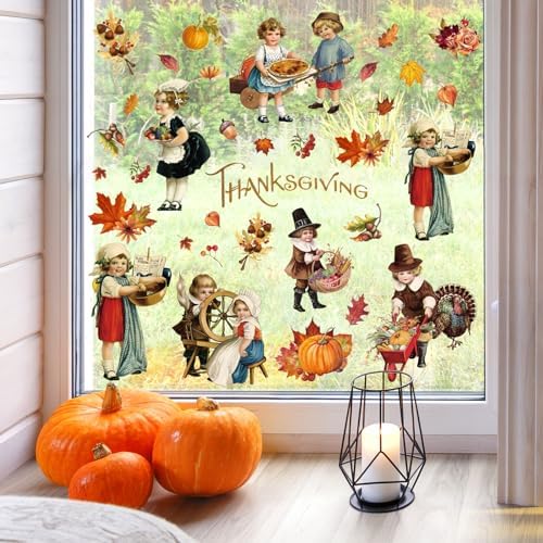 Whaline 6 Sheet Vintage Thanksgiving Window Clings Retro Fall Farmhouse Reusable Window Decals for Autumn Thanksgiving Home School Office Party Supplies Gifts