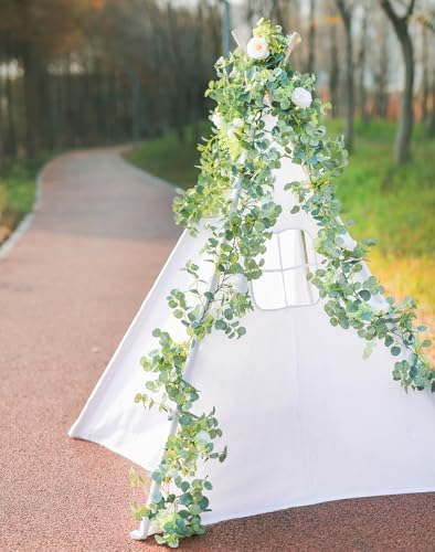 PARTY JOY 2pcs 6.56ft Eucalyptus Garland with Flowers-8 White Roses, Artificial Fake Flowers Greenery Garland Floral Vines for Decoration Party Wedding Table Indoor Outdoor Backdrop Wall Decor(White)