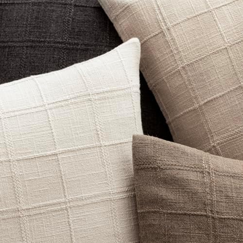 Decorative Linen Check Throw Pillow Covers Neutral Farmhouse / 20 x 20 / Natural Linen / Set of 2