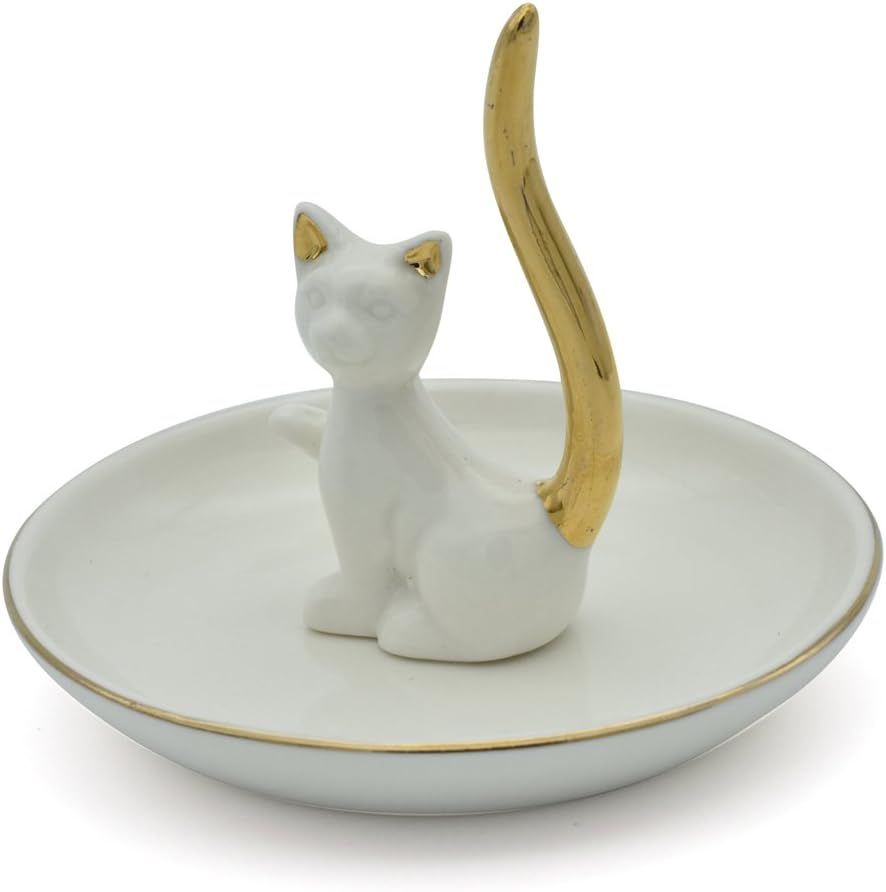 Love Cat Posture Ring Holder Jewelry Storage Dish Trinket Tray / One Size / White Cat Golden Tail