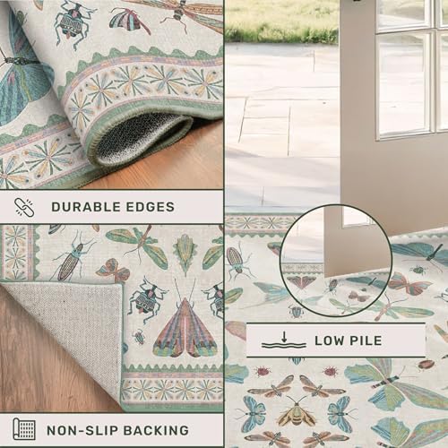 Hazo Haus Boho Bathroom Runners - 2x6 Blue and Green Rug for Kitchen, Entry Way, Non Slip Washable Butterfly Insect