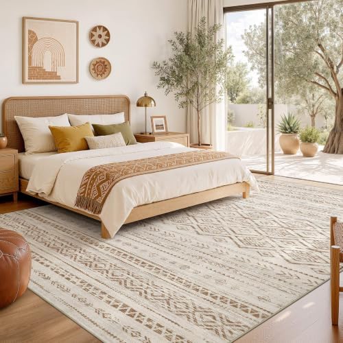 Nakagishi Area Rug Living Room Rugs: 6x9 Large Soft Machine Washable Boho Moroccan FarmNeutral Stain Resistant Indoor