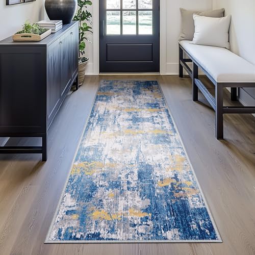 RELEANY Washable Runner 2'x6' Abstract Area Rug for Hallway Blue Gold