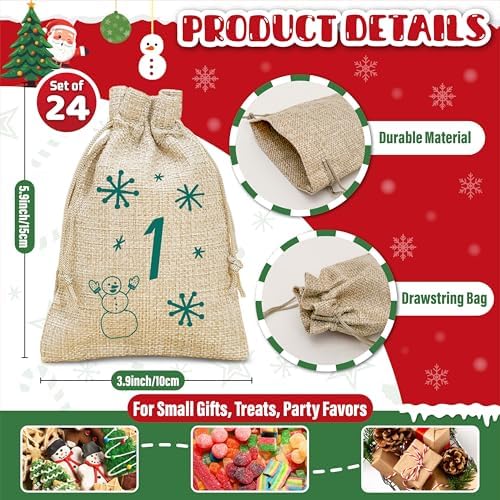 24PCS Christmas Advent Calendar Bags, 3.9x5.9 Inches Christmas Countdown Burlap Bags, Reusable Drawstring Gift Bags for Candy, Snacks, DIY Crafts, Holiday Party Favors