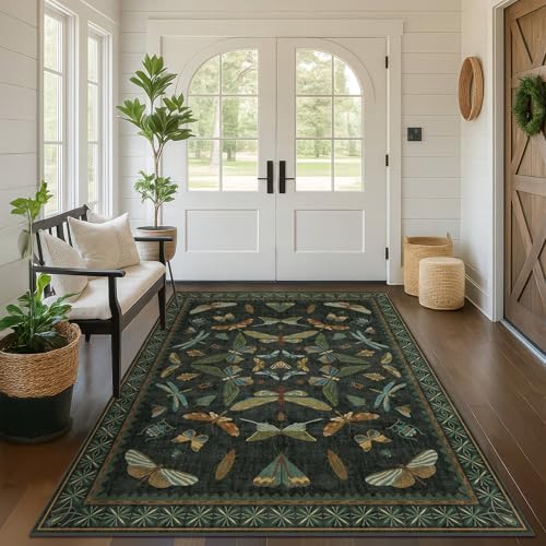 Dark Green Area Rugs 5x7 for Living Room - Fairy Fantasy Moss Rugs for Dining Room Table, Bedroom, Whimsical Insect