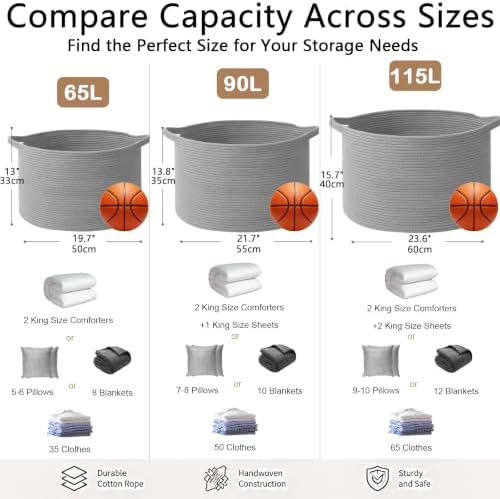 115L Extra Large Blanket Basket,Woven Laundry Basket-Light Grey