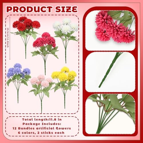 XunYee 12 Pcs Fall Artificial Flowers for Outdoor Faux Mums,Vivid Color
