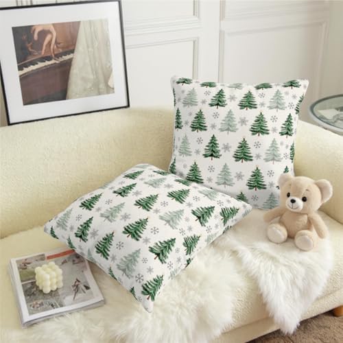 Christmas Tree Pillow Covers 24x24 Set of 2 Green Xmas Outdoor Decorative Throw Pillow Cases Neutral Rustic Nature Forest Winter Snowflake Pillowcases for Farmhouse Living Room Decor