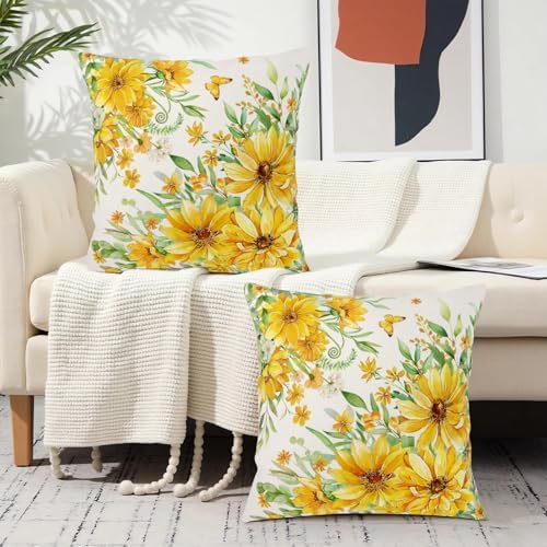 Summer Daisy Pillow Covers 18x18 Set of 2 Yellow Flowers Sunflower Decorative Throw Pillows Seasonal Spring Floral Green Leaf Outdoor Cushion Case for Home Couch Sofa Decor