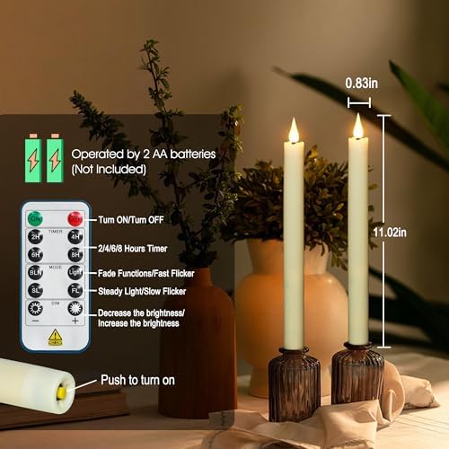 11 Inch Flameless Taper Candles with Remote,Battery Powered Candlesticks Realistic Flickering,Ivory Led Candlestick with 3D Wick for Christmas Home Wedding Decor (Pack of 6)