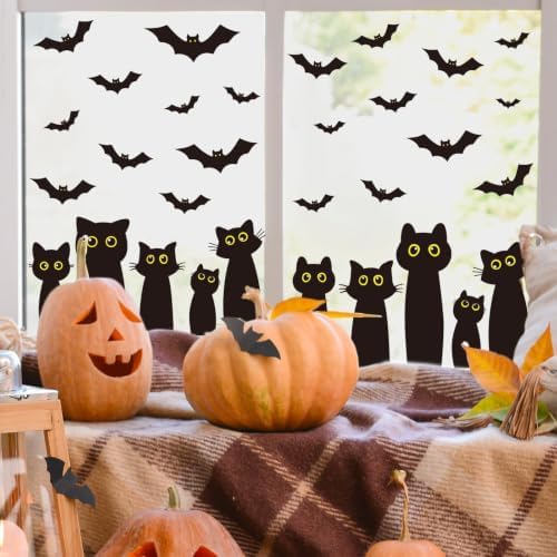 Whaline 6 Sheets Halloween Black Cat Window Clings Cartoon Cat Bat Silhouette Reusable Window Decals for Spooky Holiday Home Office School Glass Decor