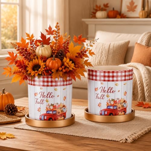 2 Pack Mini Fall Planter 4.3" Ceramic Hello Fall Succulents Pots with Tray