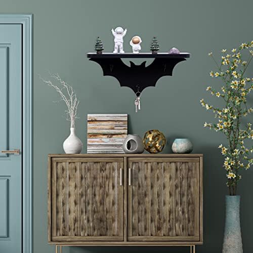Bat Shelf Floating Shelves for Wall,15.5in Black Shelf with 3 Key Hooks