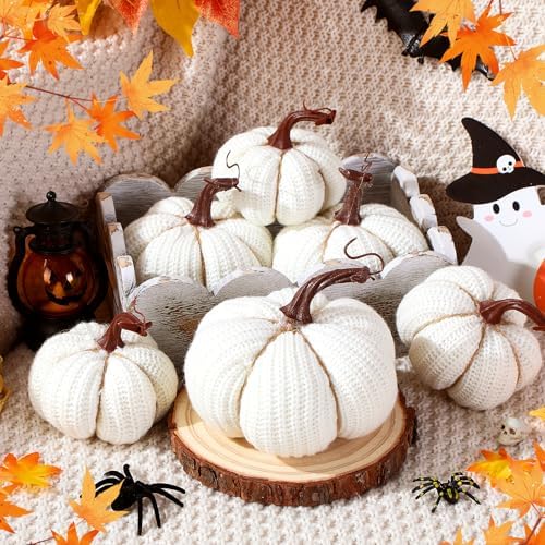 HunnmingRe 6 Pcs Pumpkin Decor Large 6 Inch Crochet Fall White Pumpkins