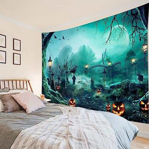 HVEST Halloween Tapestry Wall Hanging Black Crow Bat and Pumpkin in Scary Graveyard Forest Wall Art for Bedroom, Spooky Full Moon Night Tapestry for Living Room Holiday Wall Decor, 80W X 60H inches