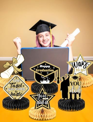 Graduation Table Decorations 2026 - Graduation Centerpieces for Tables, 9 Pcs Black and Gold Honeycomb Centerpieces, 3D Congrats Grad Table Toppers for Class of 2026 Grad Party Decorations