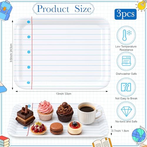 Vesici 3 Pcs Back to School Serving Trays 13 x 10 Inch Notebook Line Melamine Platters Reusable Rectangular Serving Dishes for First Day of School End of Year Teacher Party Supplies Food Snack Dessert