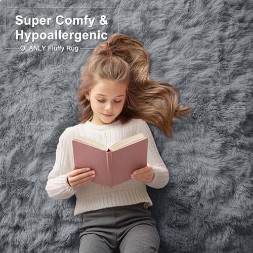 OLANLY Area Rugs for Living Room Bedroom, Machine Washable 4x5.9 ft Soft Fluffy Shaggy Bedside Rug, Indoor Floor Carpet