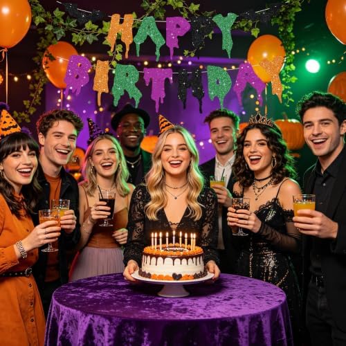 Glitter Happy Birthday Halloween Banner - NO DIY - Halloween Hanging Paper Garland Bunting Banner Decorations, Party Supplies for Kids Boy Girl Birthday Orange Green Purple