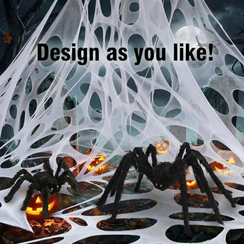 450 Sqft （After Streched with Holes）Uncut DIY Giant Spider Web Halloween Decorations Outdoor with 10 Ground Nails Stretchy Beef Cloth Netting Roll Cut-Your-Own Flexible Elastic for Yard Party Decor