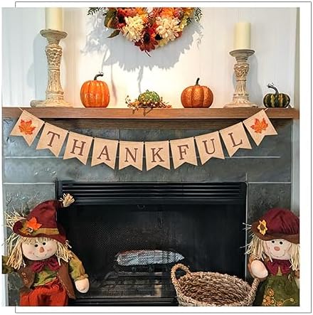 Thankful Burlap Banner Fall Autumn Maple Leaves Rustic Burlap Harvest Banner for Mantel Fireplace Wall Hanging for Welcome Home Office School Party Decor Thanksgiving Decoration Grateful Blessed Wall