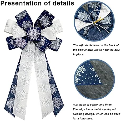 Hying Large Christmas Bow for Wreath, Blue White Cotton Bows for Front Door Wall Fence Decor, Christmas Snow Wreath Bow Tree Topper Bow for Winter Christmas Party Decoration Supplies
