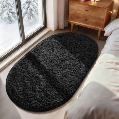 Ophanie 3x5 Oval Black Rugs for College Dorm, Bedroom Small Area Rug, Non-Slip Fluffy Shaggy Bedside Soft Shag Fuzzy