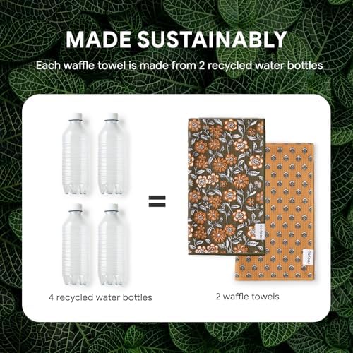 RECYCO Waffle Kitchen Towel Set of 2 - Quick Dry Microfiber Sustainable Dish Towels - Ultra Absorbent Reusable Cleaning Tea Towels - Lightweight Hand Towels,16”x 28”, Amber Flora