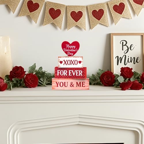 OLANRUN Valentines Day Decorations - 4 Pack Wooden Block Heart Set Signs Valentines Day Table Decor - 7.8 Inch Valentine's Decorations for Home Office Bedroom Tiered Tray Fireplace Mantel