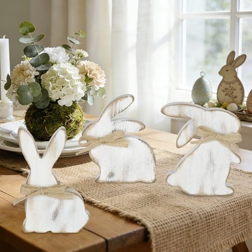 3Pcs Easter Decorations, Farmhouse Wooden Bunny Table Decor Rustic Rabbit Centerpieces Sign for Home Tiered Tray Mantel Office Party Supplies (White)