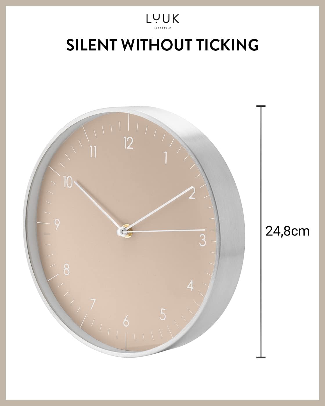 Modern Silent Quartz Wall Clock, 10in, Beige & Gold | Analog, Non-ticking, Modern & Minimalist design, Battery