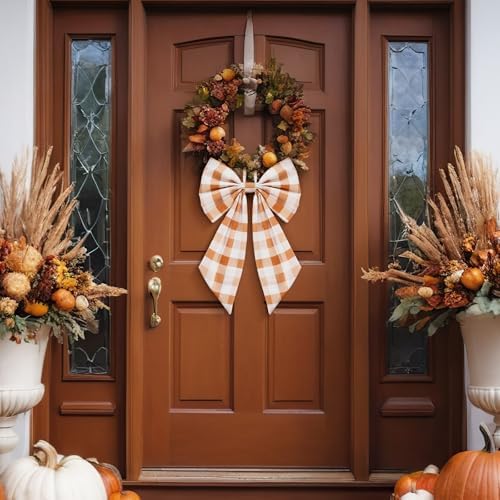 Suncalla 2 Pcs Orange Fall Plaid Wreath Bows 18'' x 12''