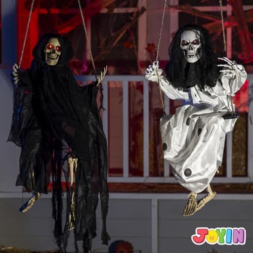JOYIN 2 Pcs Halloween Hanging Swinging Ghosts Decorations Outdoor, Halloween Scary Decor with Lighted Up Eyes, Creepy Swinging Skeleton Flying Props for Yard Patio Lawn Garden