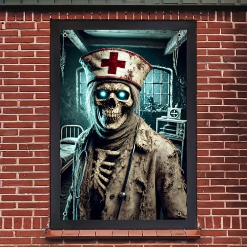 BlissYard Halloween Window Banner 31x47 Inch Zombie Nurse Windows Cover Abandoned Hospital Window Banner Spooky Medical Horror Window Decor Indoor Outdoor Halloween Party Decoration