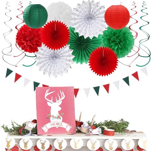 Red-Green White Christmas Party-Decorations - 33pcs Banner,Mexico Italy Streamers Tassel Garland,Tissue Pom Poms Honeycomb,Paper Lantern Fans,Mexican Italian Birthday Wedding Baby Shower Decor Hugtmr