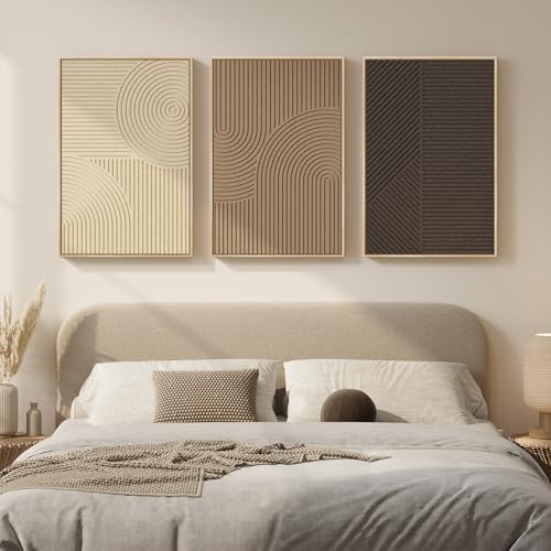 Large 3D Framed Neutral Abstract Wall Art Set of 3, Modern Artwork 20x30 In