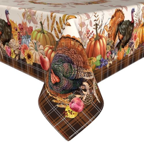 Thanksgiving Tablecloth Square 70 x 70 Inch, Stain Resistant Machine Washable Fabric Polyester Turkey Harvest Table Cloth Square Thanksgiving Tablecloth Table Cover for Kitchen Dining Party