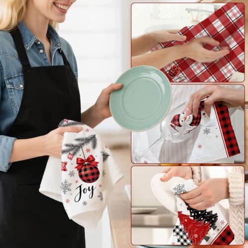 Hexagram Christmas Kitchen Towels, Red Plaid Christmas Hand Towels Set of 4