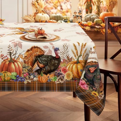 Thanksgiving Tablecloth Square 70 x 70 Inch, Stain Resistant Machine Washable Fabric Polyester Turkey Harvest Table Cloth Square Thanksgiving Tablecloth Table Cover for Kitchen Dining Party