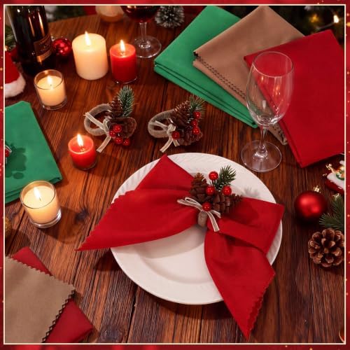 LemonRoad 36 Pcs Christmas Cloth Napkins and Napkin Ring Holders, Reusable Fabric with Pine Needle Red Fruit Napkin Rings for Xmas Table Decor, Banquet, Holiday Dinner Party, Wedding Party Supplies
