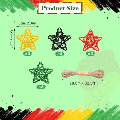 Lucleag 20Pcs Black Red Green Yellow Natural Rattan Star Ornament Vase Filler, African American Wicker Hanging Decor for Black History Month Juneteenth Kwanzaa Tree Home Table Decor Party Supplies