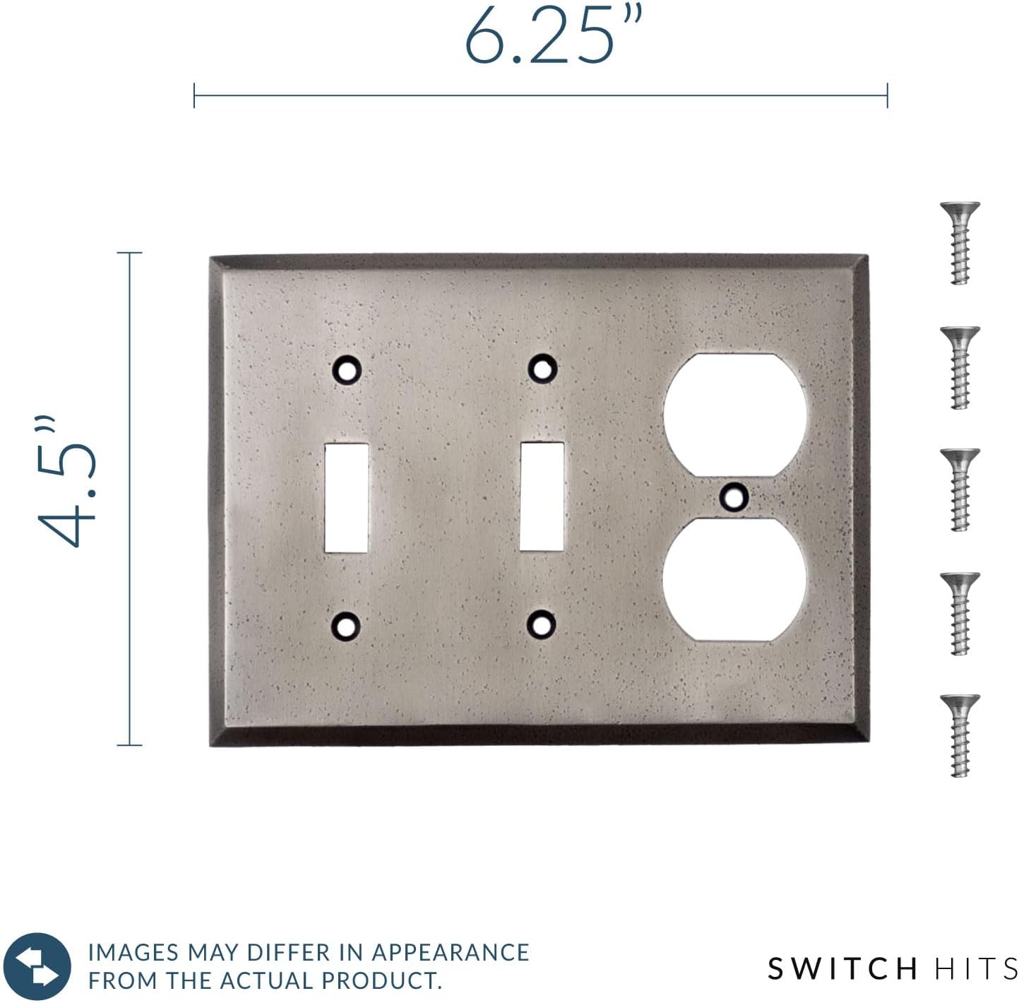 Distressed Antique Pewter Outlet Wall Plate | 2 Toggle - 1 Duplex | 6.25" x 4.5" | Hand-Polished Brass Construction