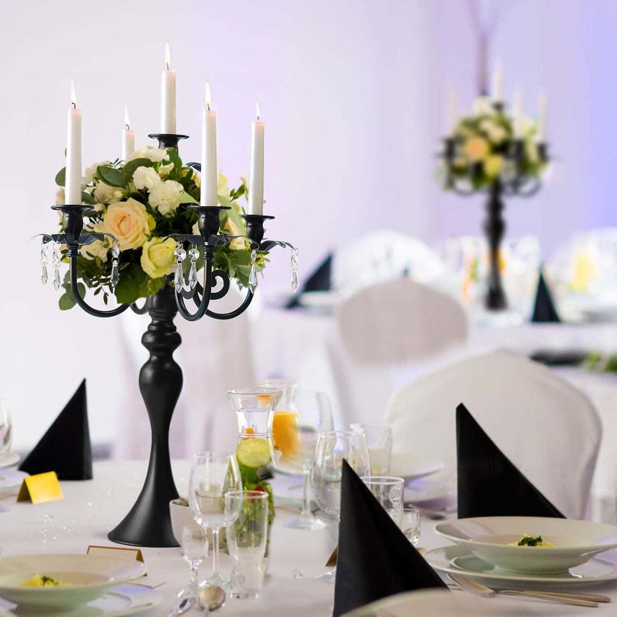 20''Tall Black Crystal Pendant Taper Candle Holders/Stylish Candle Stands/Candlesticks Holder/Candelabra for Home
