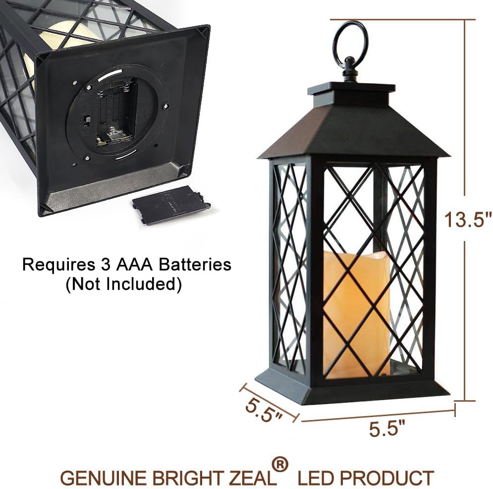 2-Pack 13.5" Vintage Candle Lantern with LED Pillar Candle (Black, 6hr Timer) - IP44 Waterproof Battery Powered